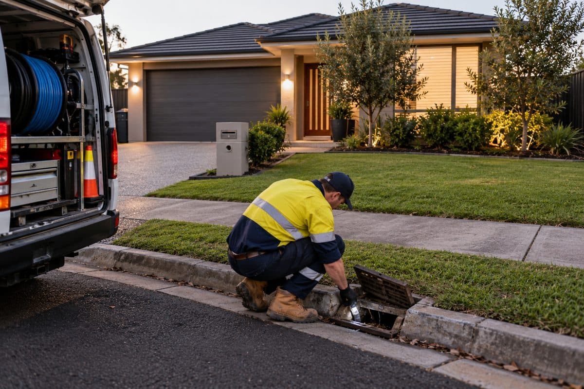 Plumber checking a drain outside a house