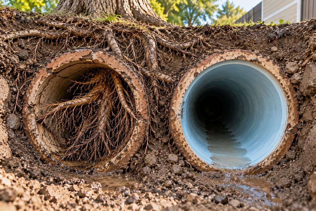 Root-damaged pipe beside a relined pipe